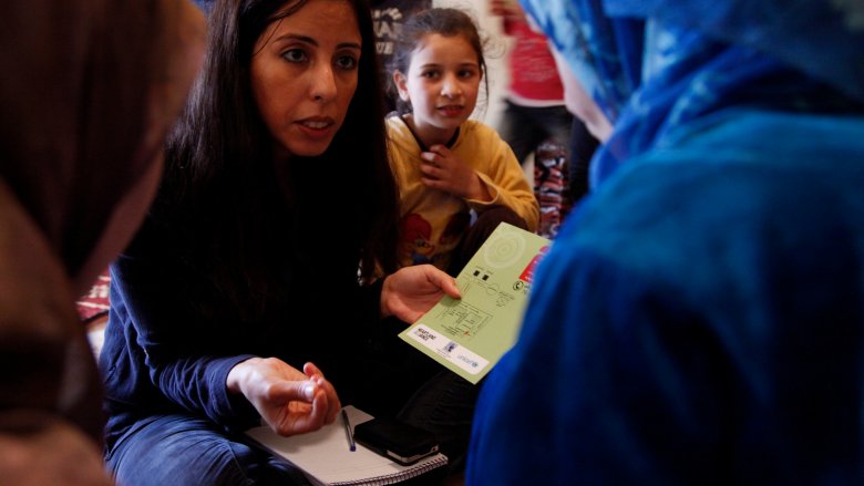 yrian refugee women talk to Jihanne Latrous, a gender-based violence (GBV) counsellor from UNICEF in Lebanon